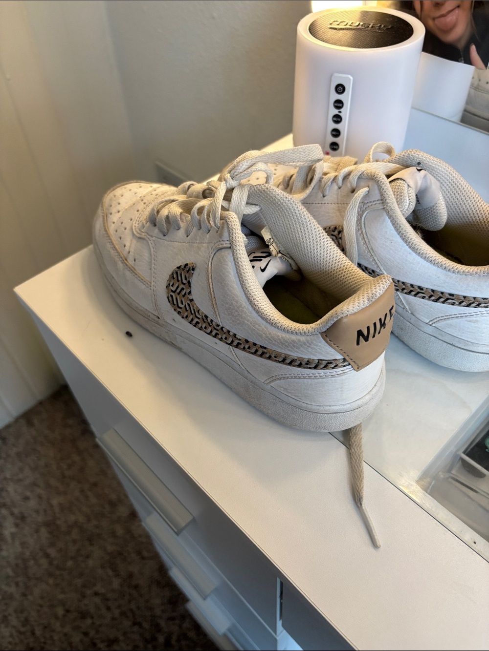 Nike Off-White and Tan Low-Top Sneakers with Leopard Swoosh